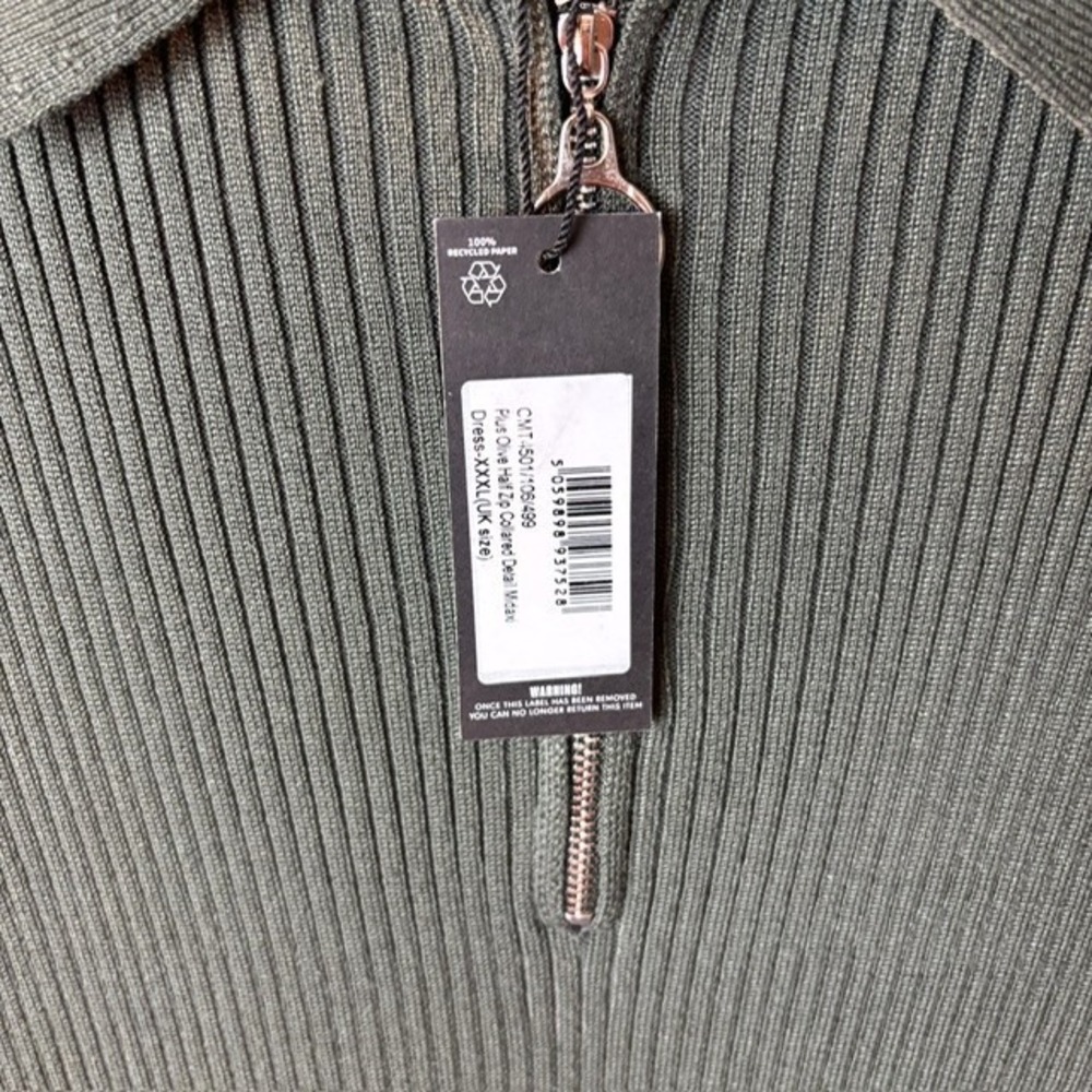 PrettyLittleThing Plus XXXL Olive Green Ribbed Knit Maxi Polo Dress Quarter Zip - Picture 10 of 16